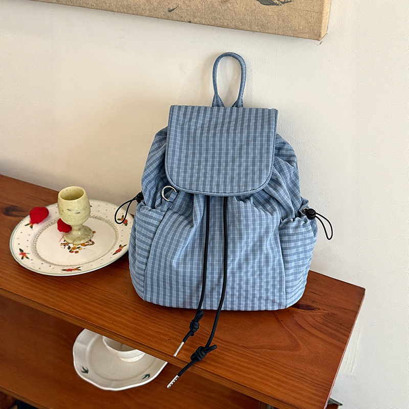 Canvas Backpack Casual - 격자 무늬 노트북 경량 배낭 여성용